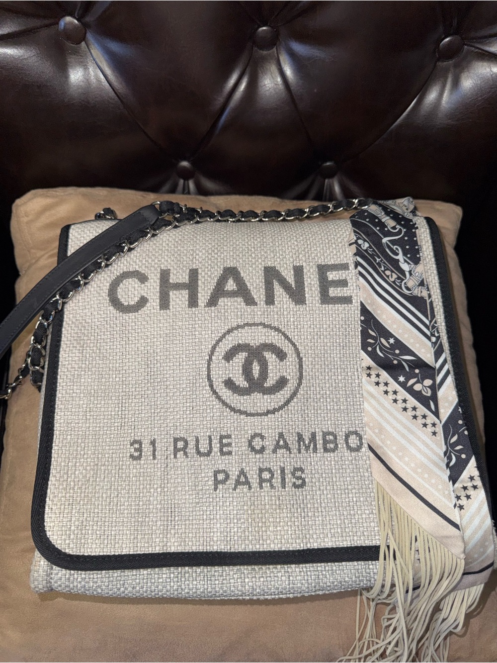 💎AUTHENTIC CHANEL GRAY RAFFIA DEAUVILLE MESSENGER/SHOULDER BAG/CROSSBODY-EUC - Picture 9 of 17
